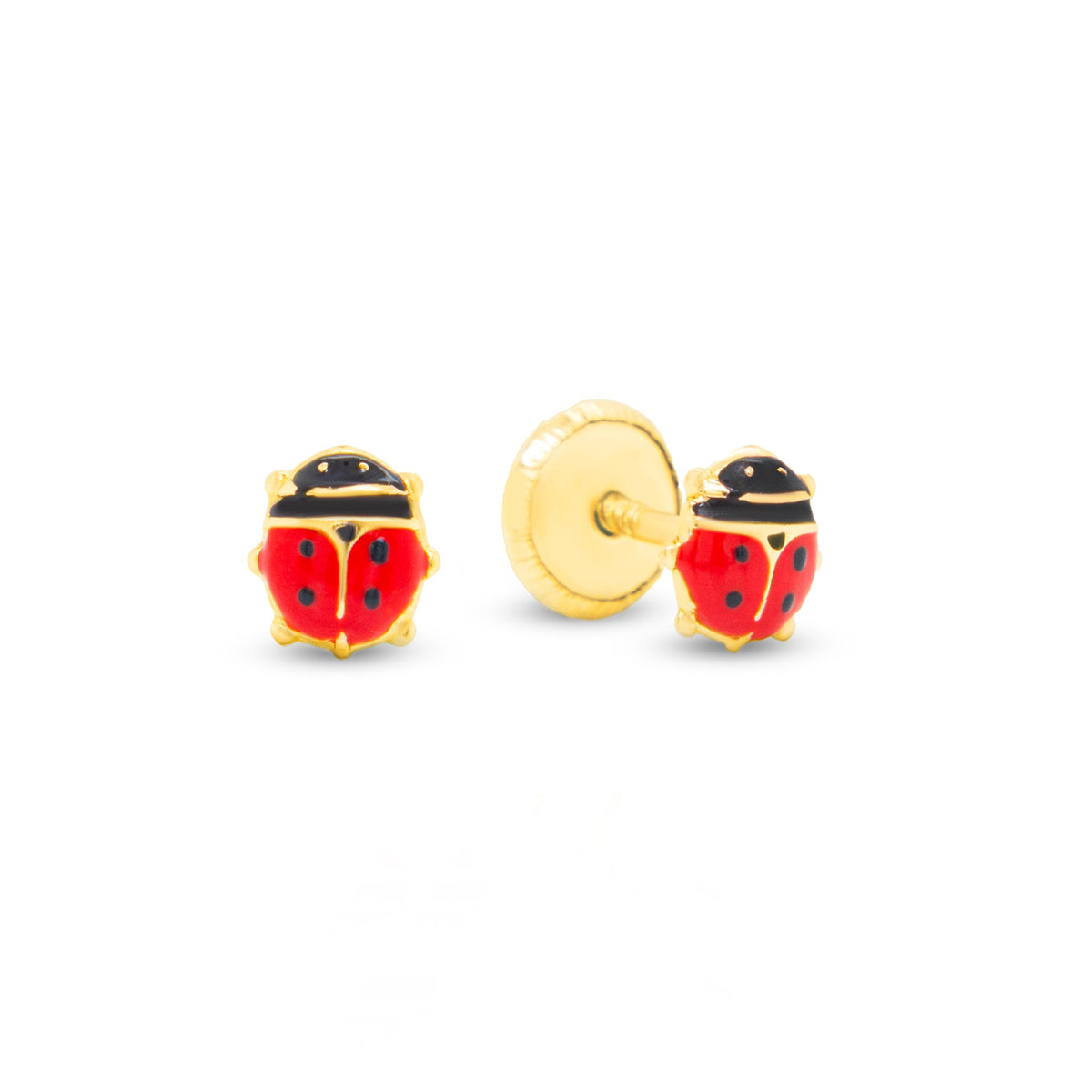 14K Yellow Gold Extra Small Red Ladybug Enamel Screwback Earrings