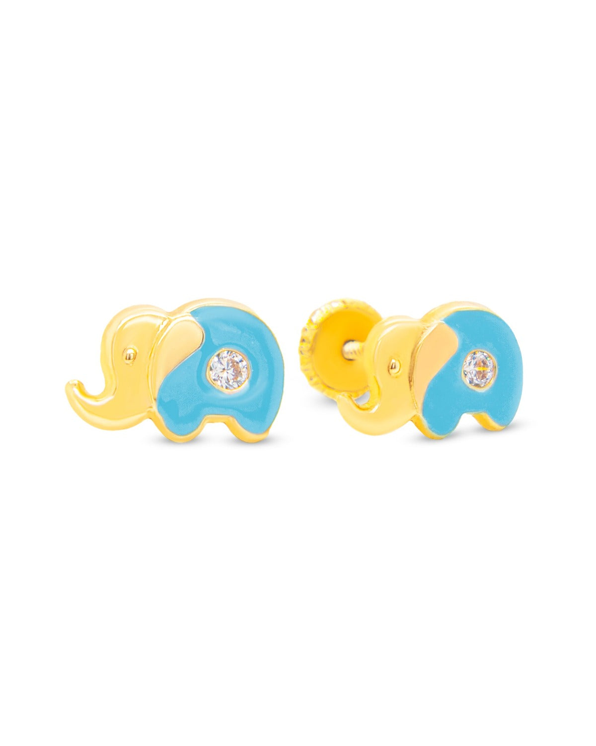 14K Yellow Gold Medium CZ Light Blue Elephant Enamel Screwback Earrings