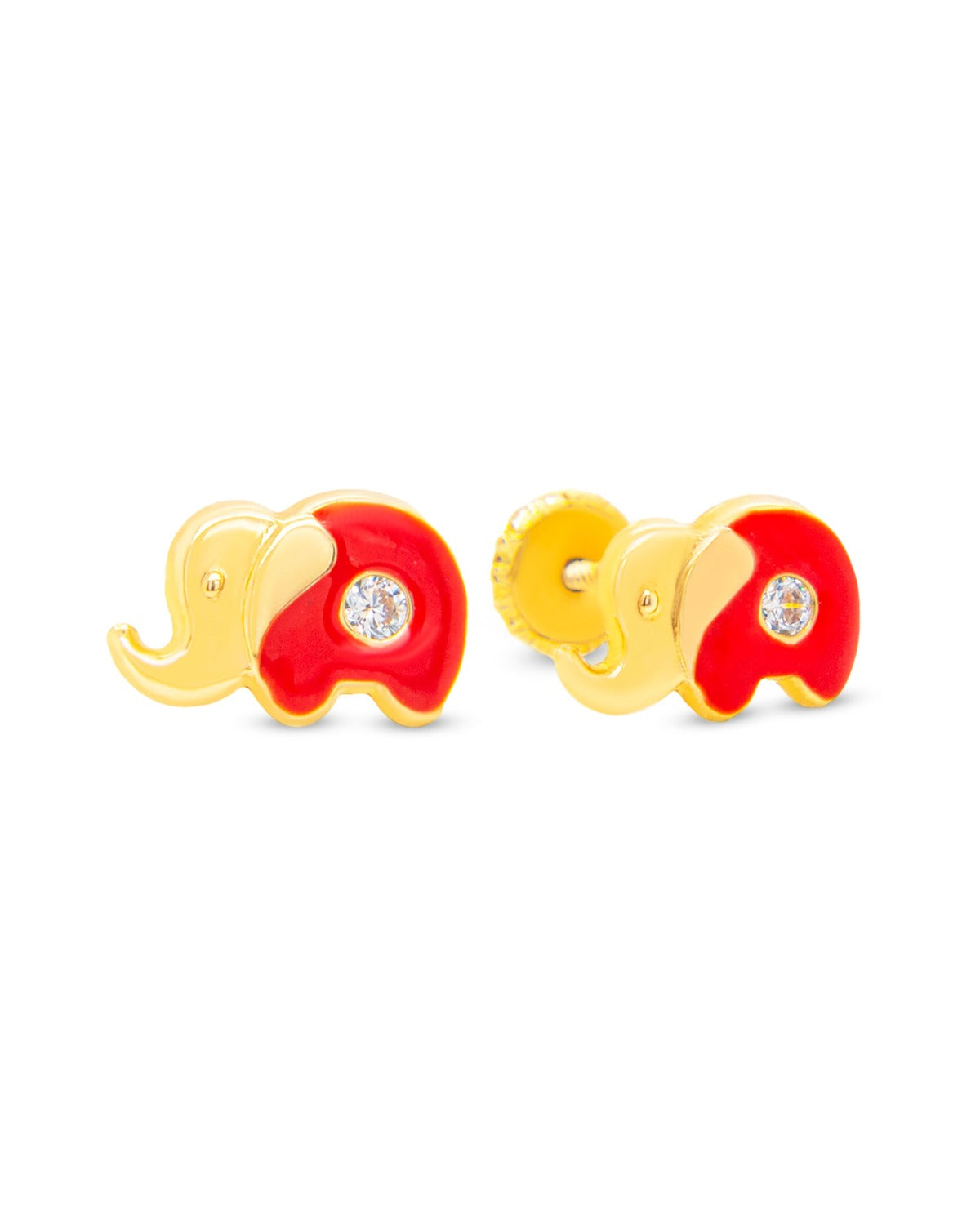 14K Yellow Gold Medium CZ Red Elephant Enamel Screwback Earrings