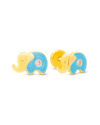 14K Yellow Gold Small CZ Light Blue Elephant Enamel Screwback Earrings