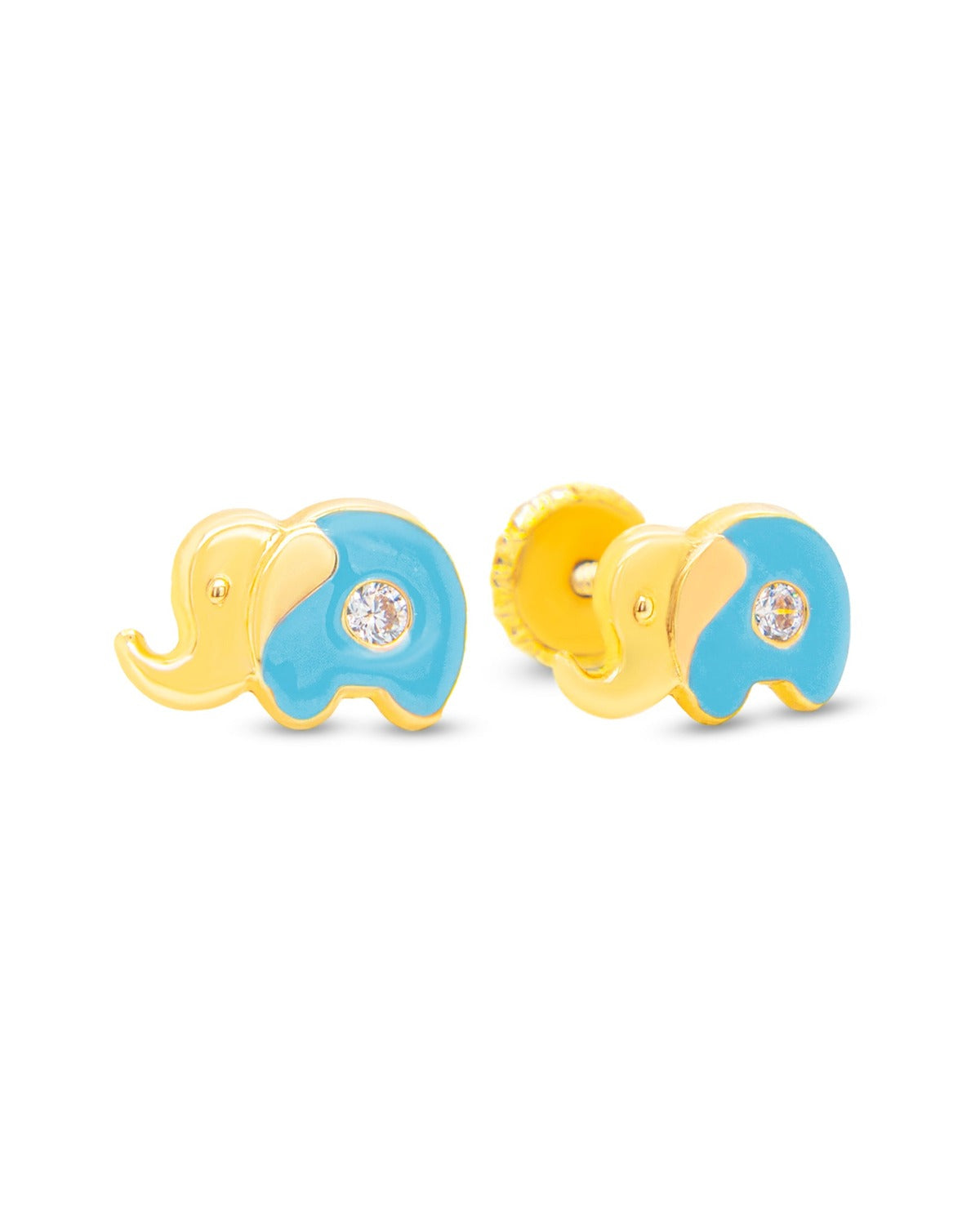 14K Yellow Gold Small CZ Light Blue Elephant Enamel Screwback Earrings