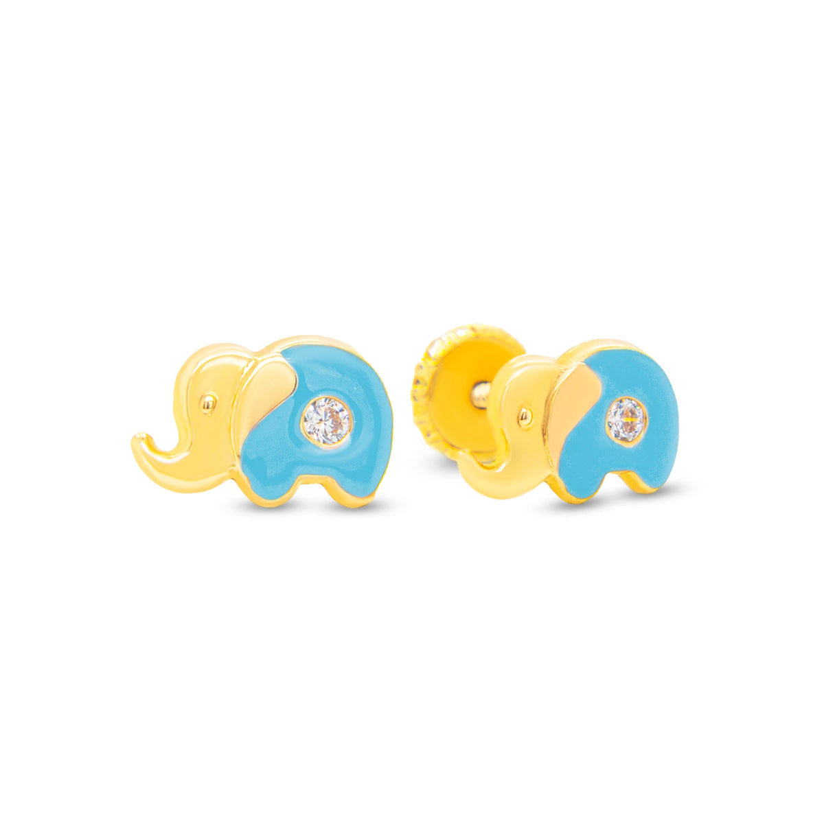 14K Yellow Gold Small CZ Light Blue Elephant Enamel Screwback Earrings