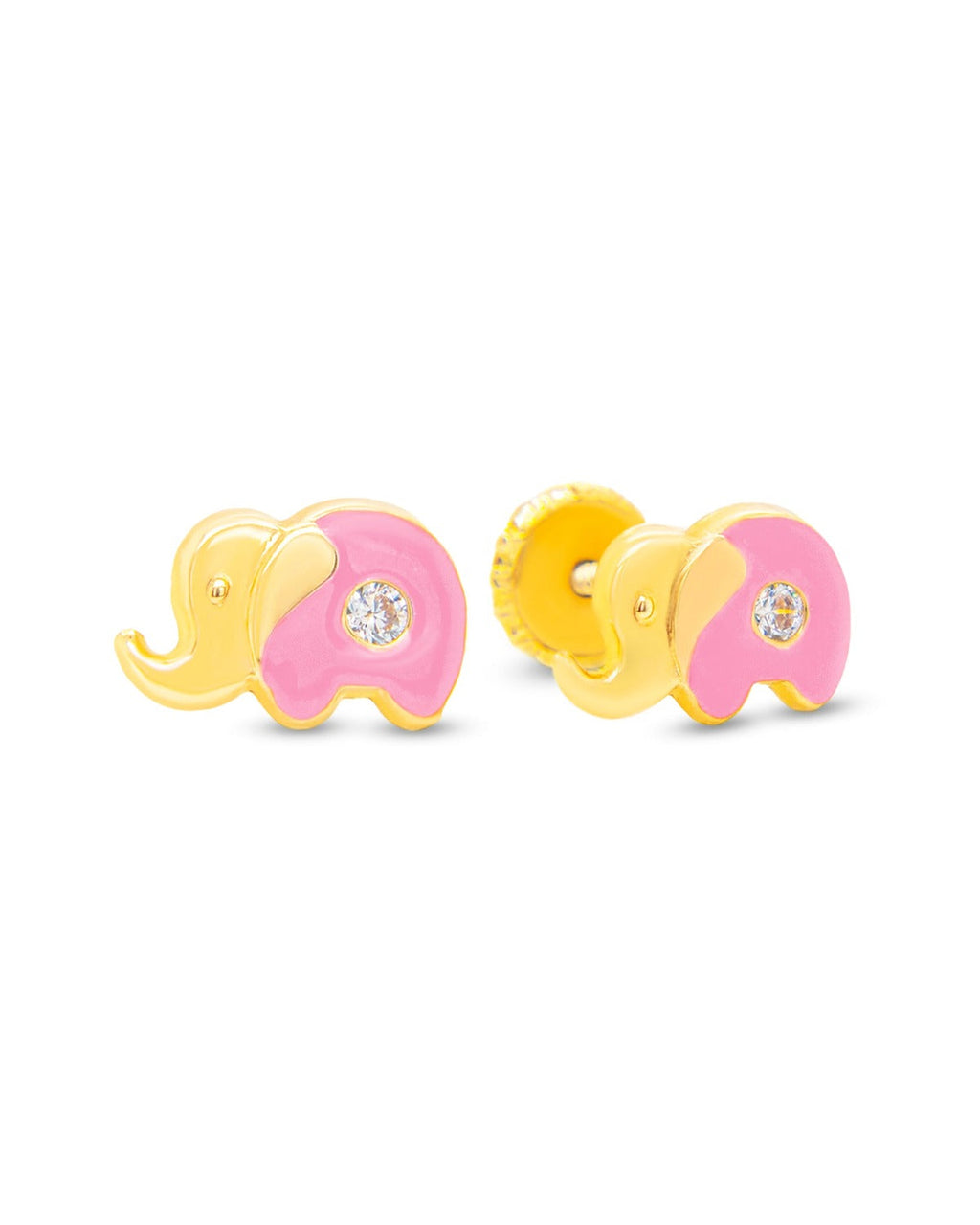 14K Yellow Gold Small CZ Pink Elephant Enamel Screwback Earrings