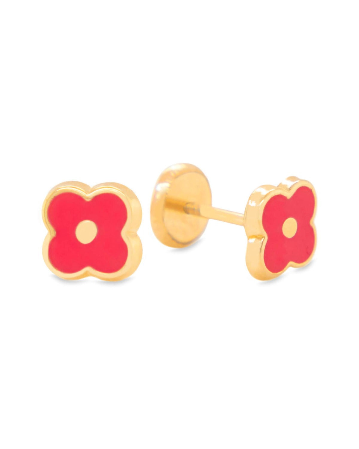 14K Yellow Gold Red Flower Enamel Screwback Earrings