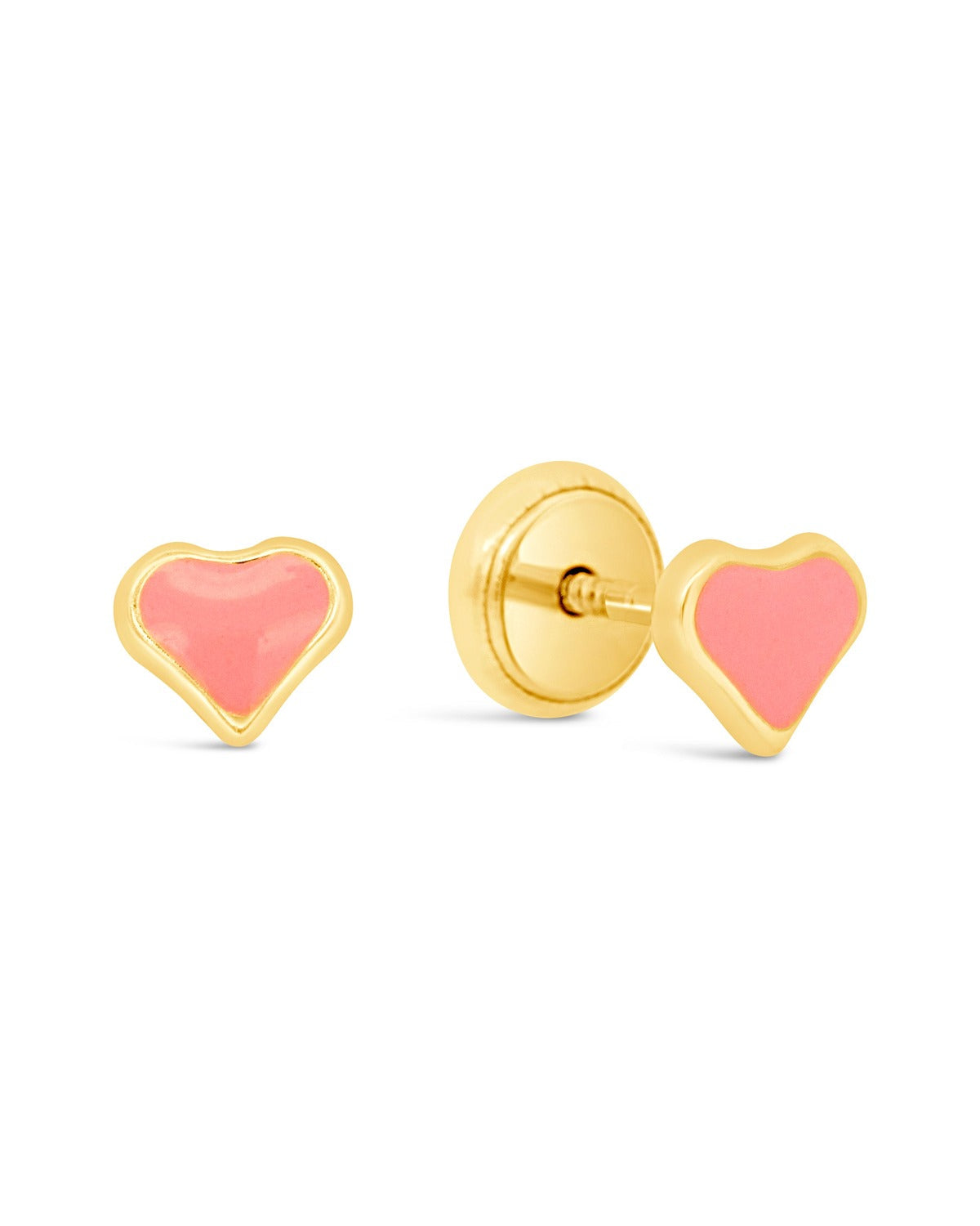 14K Yellow Gold Small Pink Heart Enamel Screwback Earrings