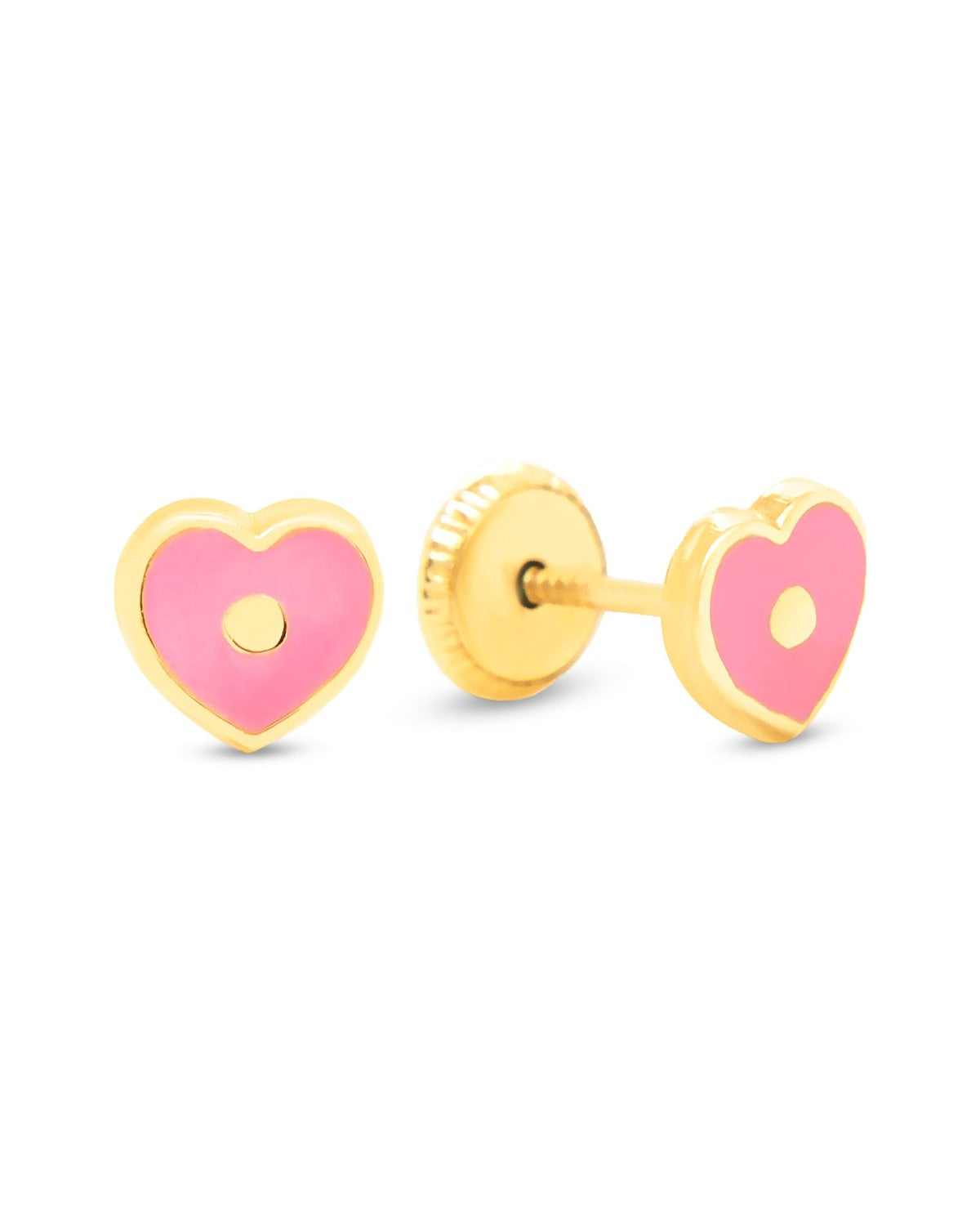 14K Yellow Gold Pink Heart Enamel Screwback Earrings