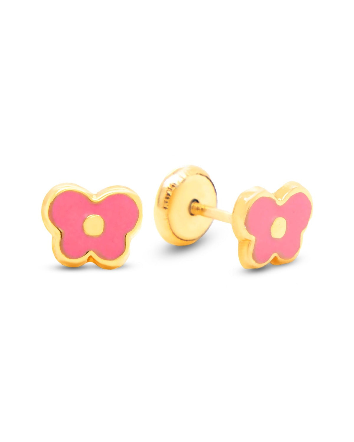 14K Yellow Gold Pink Butterfly Enamel Screwback Earrings