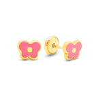 14K Yellow Gold Pink Butterfly Enamel Screwback Earrings