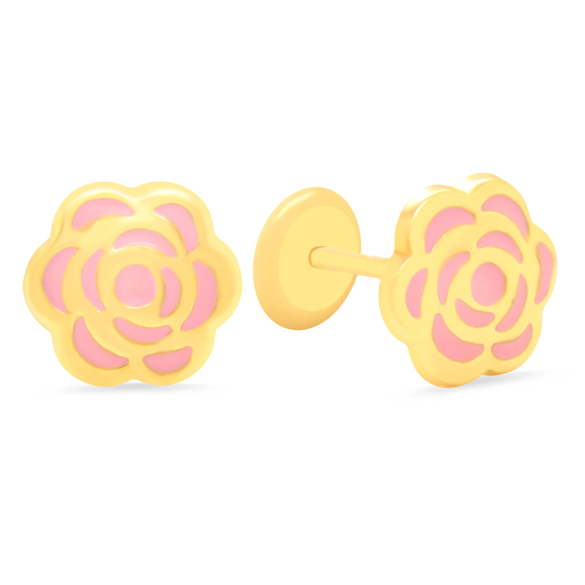 14K Yellow Gold Pink Flower Enamel Screwback Earrings