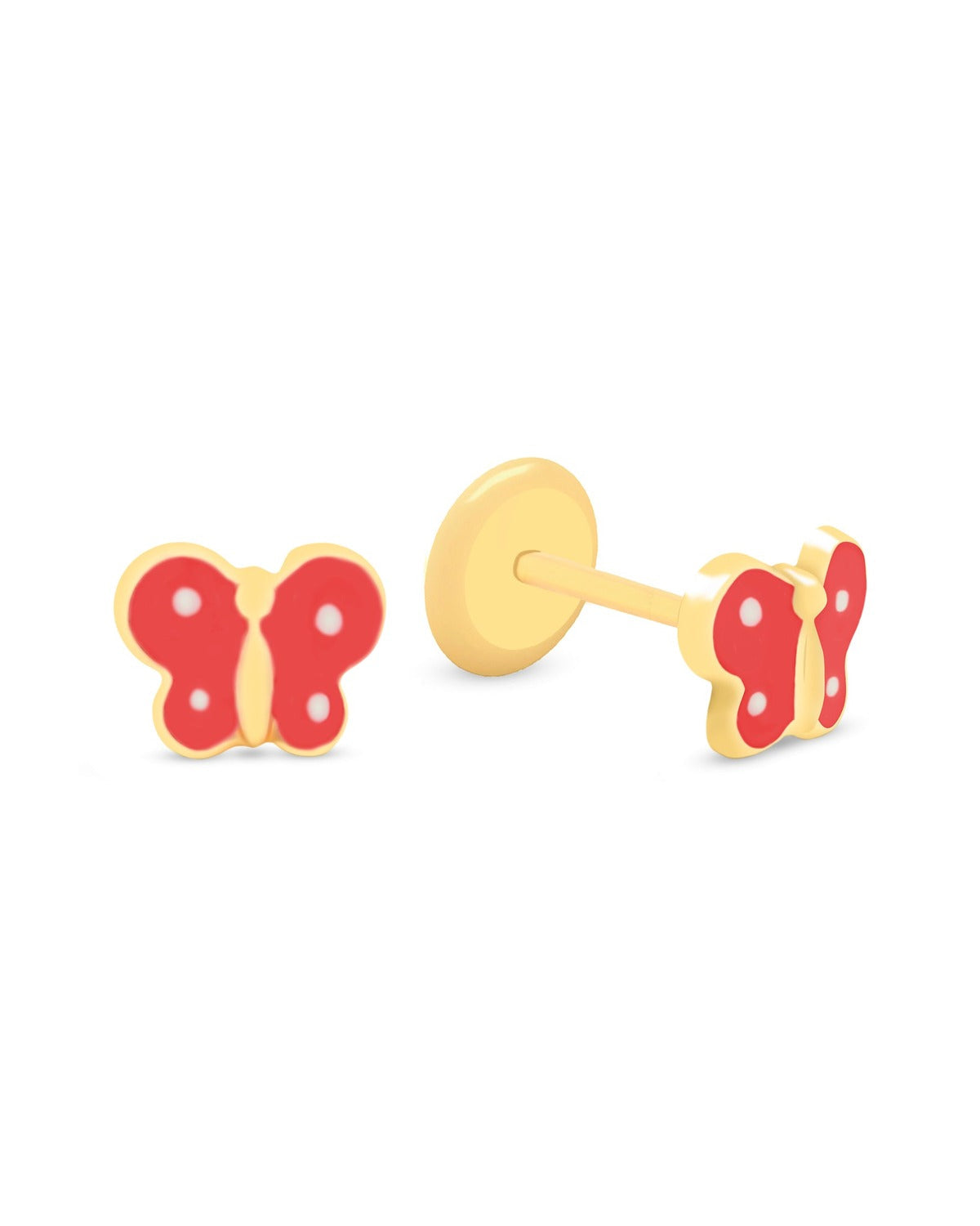 14K Yellow Gold Red Butterfly Enamel Screwback Earrings