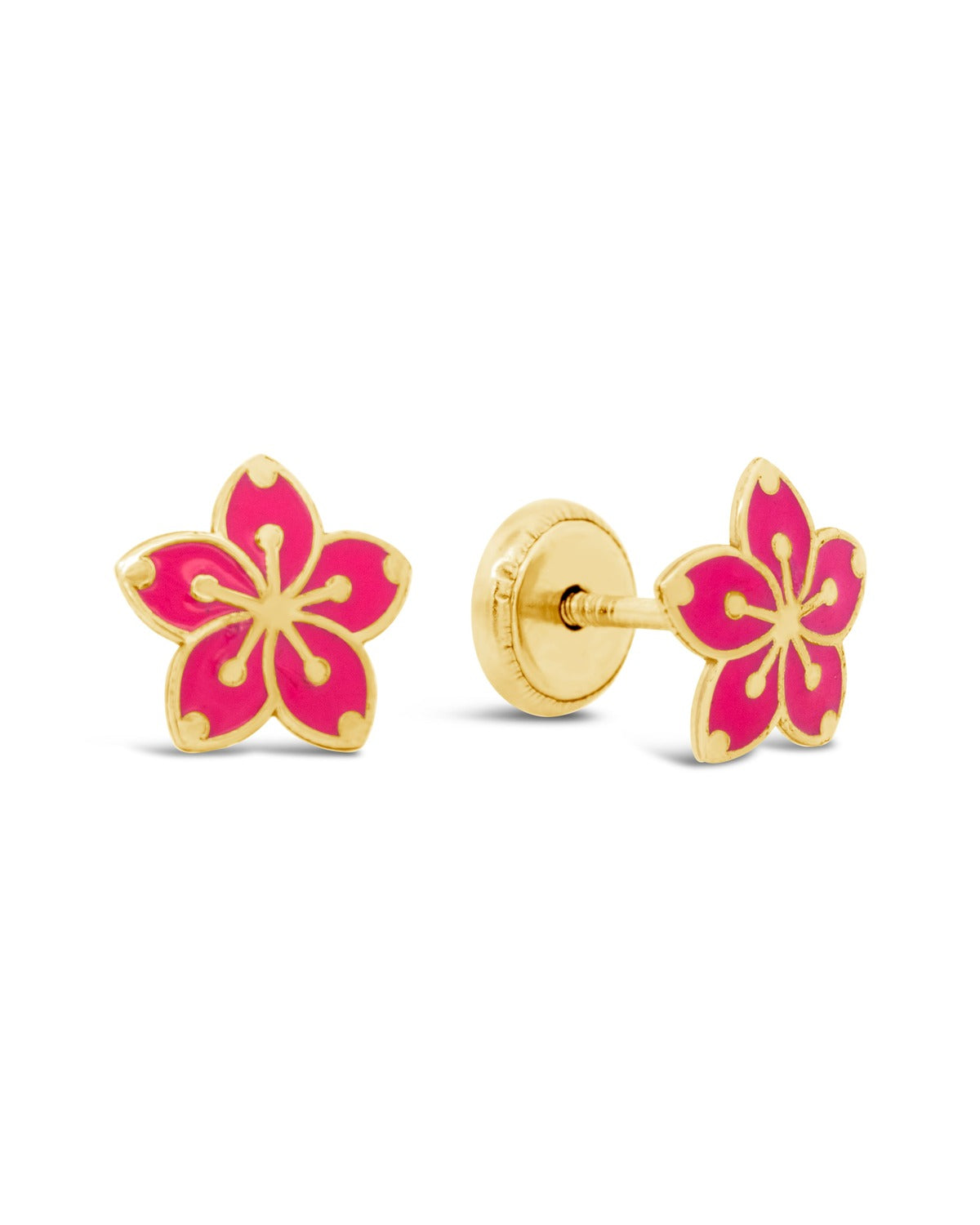 14K Yellow Gold Pink Hibiscus Flower Enamel Screwback Earrings