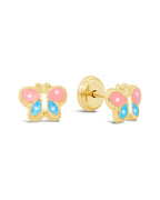 14K Gold Enamel Multicolor Butterfly Enamel Screwback Earrings