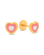 14K Yellow Gold Medium Pink and White Heart Enamel Screwback Earrings