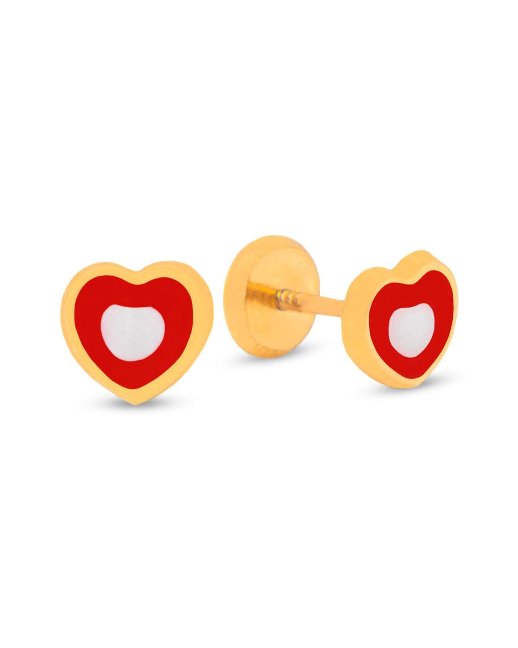 14K Yellow Gold Medium Red and White Heart Enamel Screwback Earrings