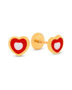 14K Yellow Gold Medium Red and White Heart Enamel Screwback Earrings