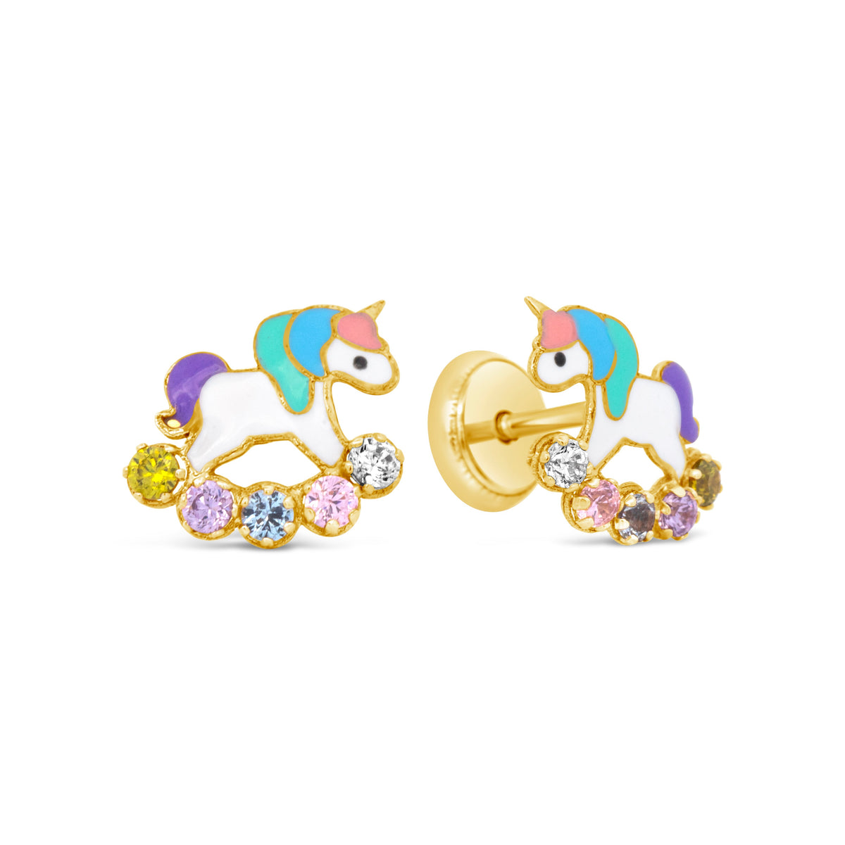 14K Yellow Gold Multicolor CZ Unicorn Enamel Screwback Earrings