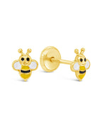 14K Yellow Gold Happy Bee Enamel Screwback Earrings