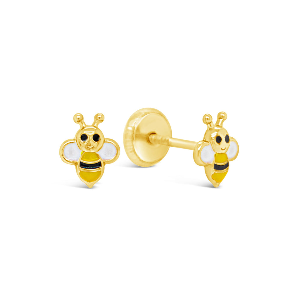 14K Yellow Gold Happy Bee Enamel Screwback Earrings