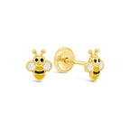 14K Yellow Gold Happy Bee Enamel Screwback Earrings