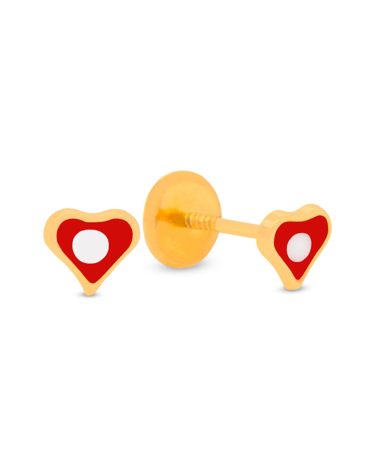 14K Yellow Gold Small Red and White Heart Enamel Screwback Earrings