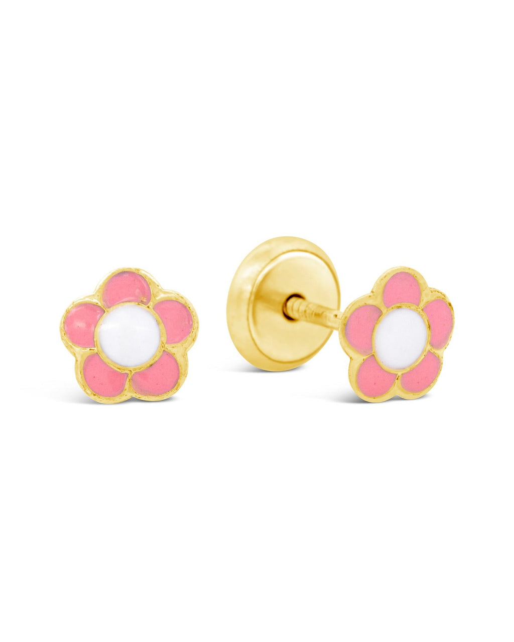 14K Yellow Gold Pink and White 5 Petals Flower Enamel Screwback Earrings