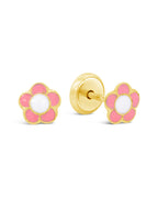 14K Yellow Gold Pink and White 5 Petals Flower Enamel Screwback Earrings