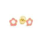 14K Yellow Gold Pink and White 5 Petals Flower Enamel Screwback Earrings