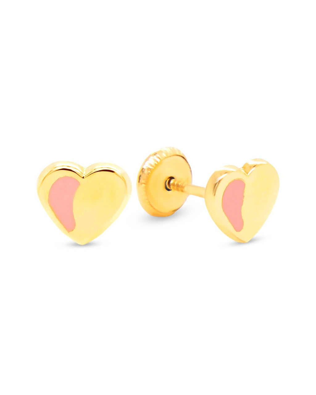 14K Yellow Gold Pink Heart Enamel Screwback Earrings