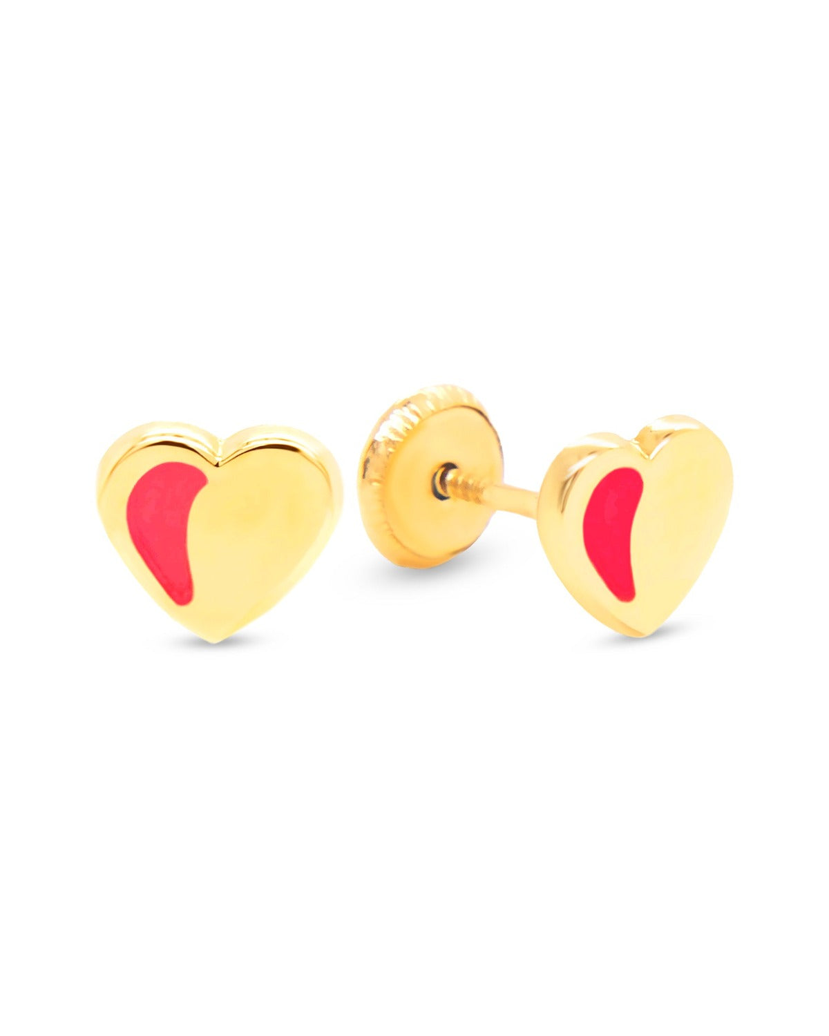 14K Yellow Gold Red Heart Enamel Screwback Earrings