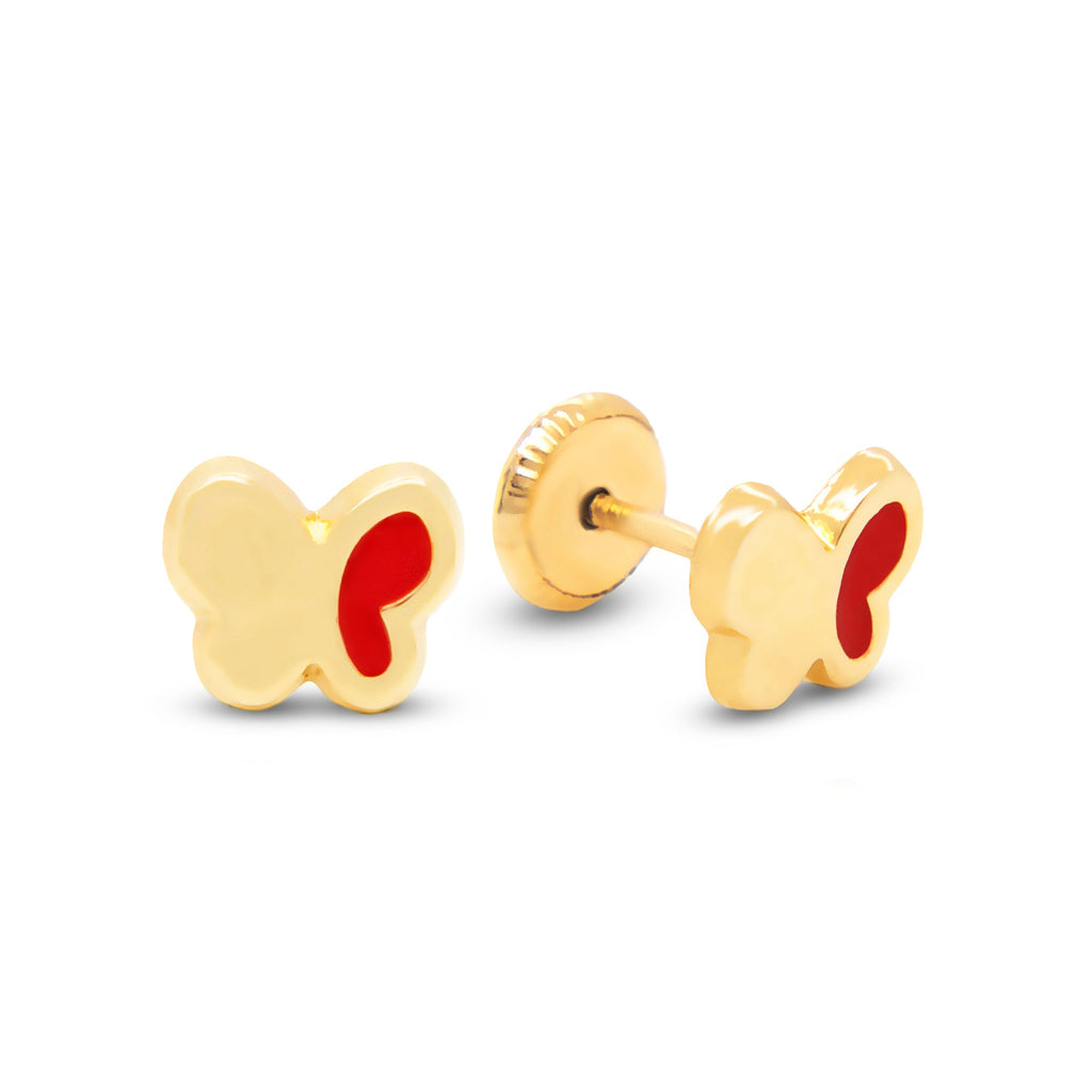 14K Yellow Gold Butterfly Enamel Screwback Earrings