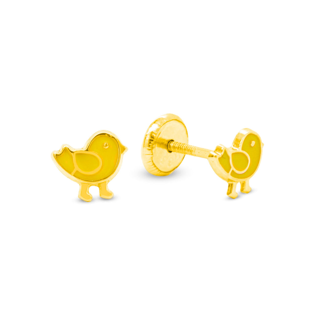 14K Yellow Gold Yellow Baby Chicken Enamel Screwback Earrings