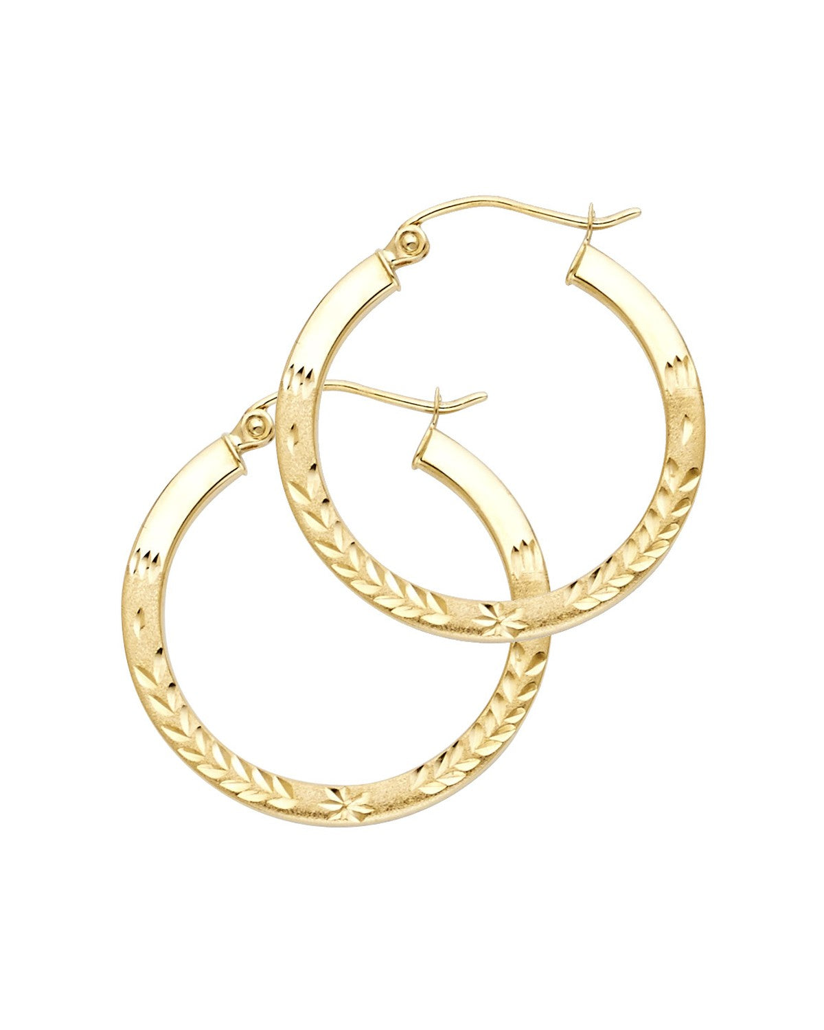 14K Yellow Gold Budded DC Square Tube Hoop Earrings (25mm) (ER-0029)