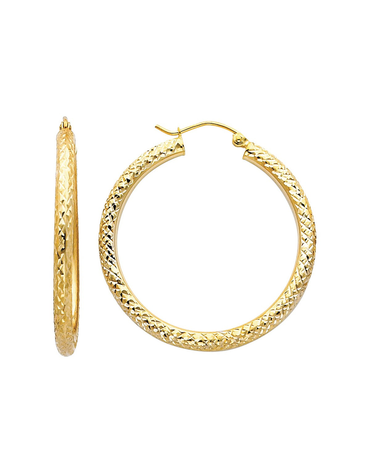 14K Yellow Gold DC 3.0mm Round Hoop Earrings (35mm) (ER-0078)