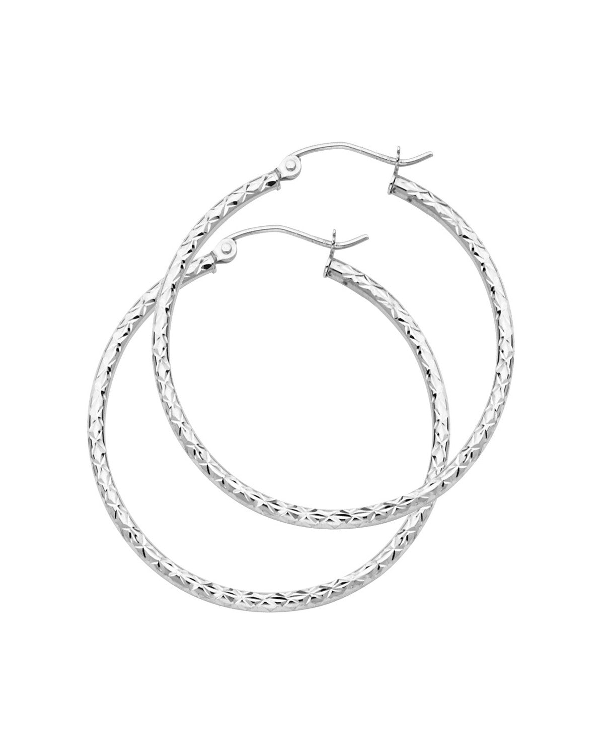 14K White Gold Silk DC 1.5mm Round Tube Hoop Earrings (35mm) (ER-0107W)