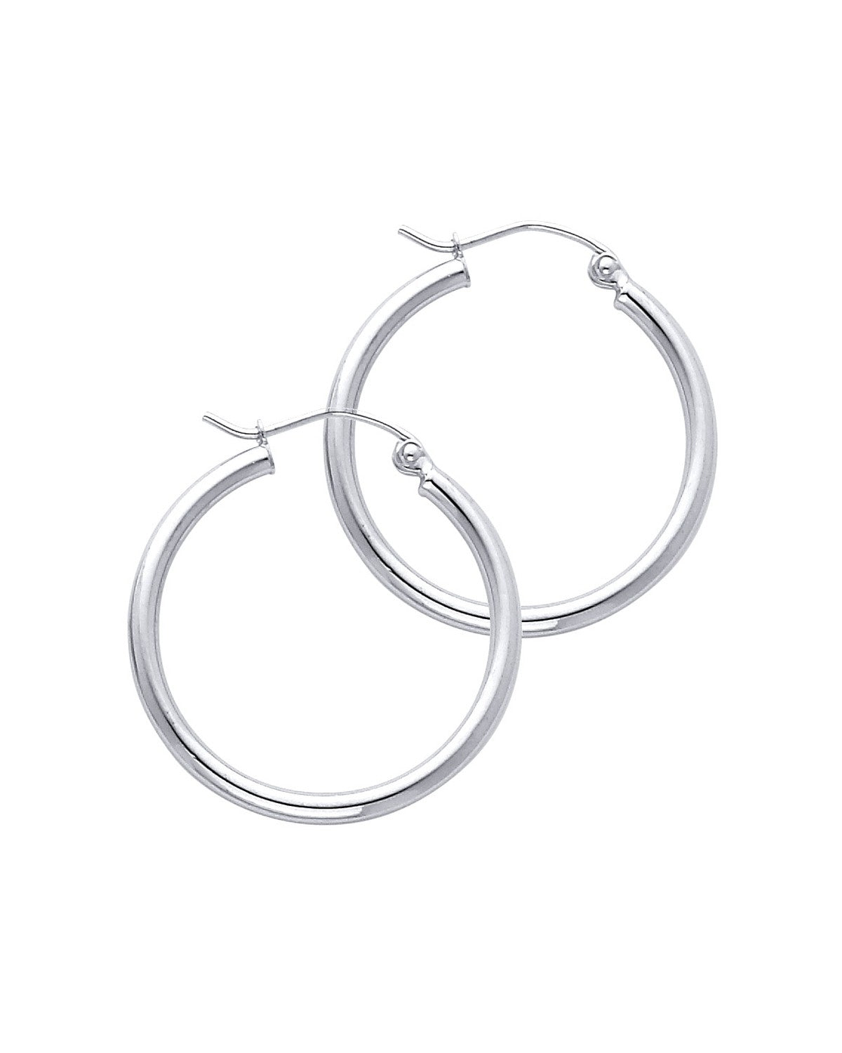 14K White Gold 2mm Round Tube Polished Hoop Earrings (25mm) (ER-0139W)
