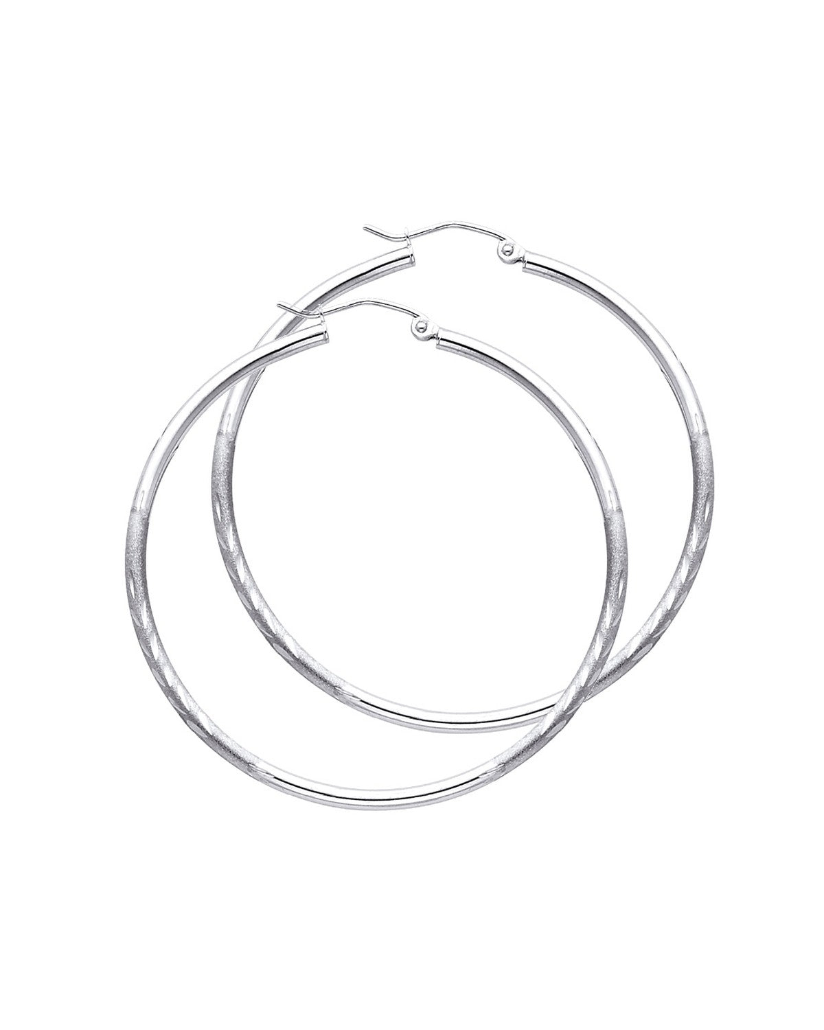 14K White Gold 2mm Budded DC Round Tube Hoop Earrings (45mm) (ER-0162W)