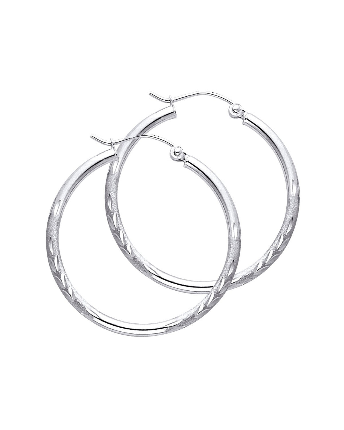 14K White Gold 2mm Budded DC Round Tube Hoop Earrings (30mm) (ER-0164W)