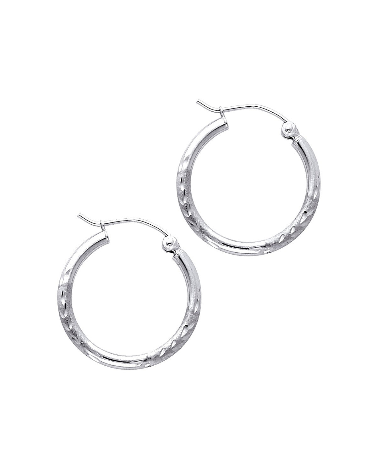 14K White Gold 2mm Budded DC Round Tube Hoop Earrings (20mm) (ER-0166W)