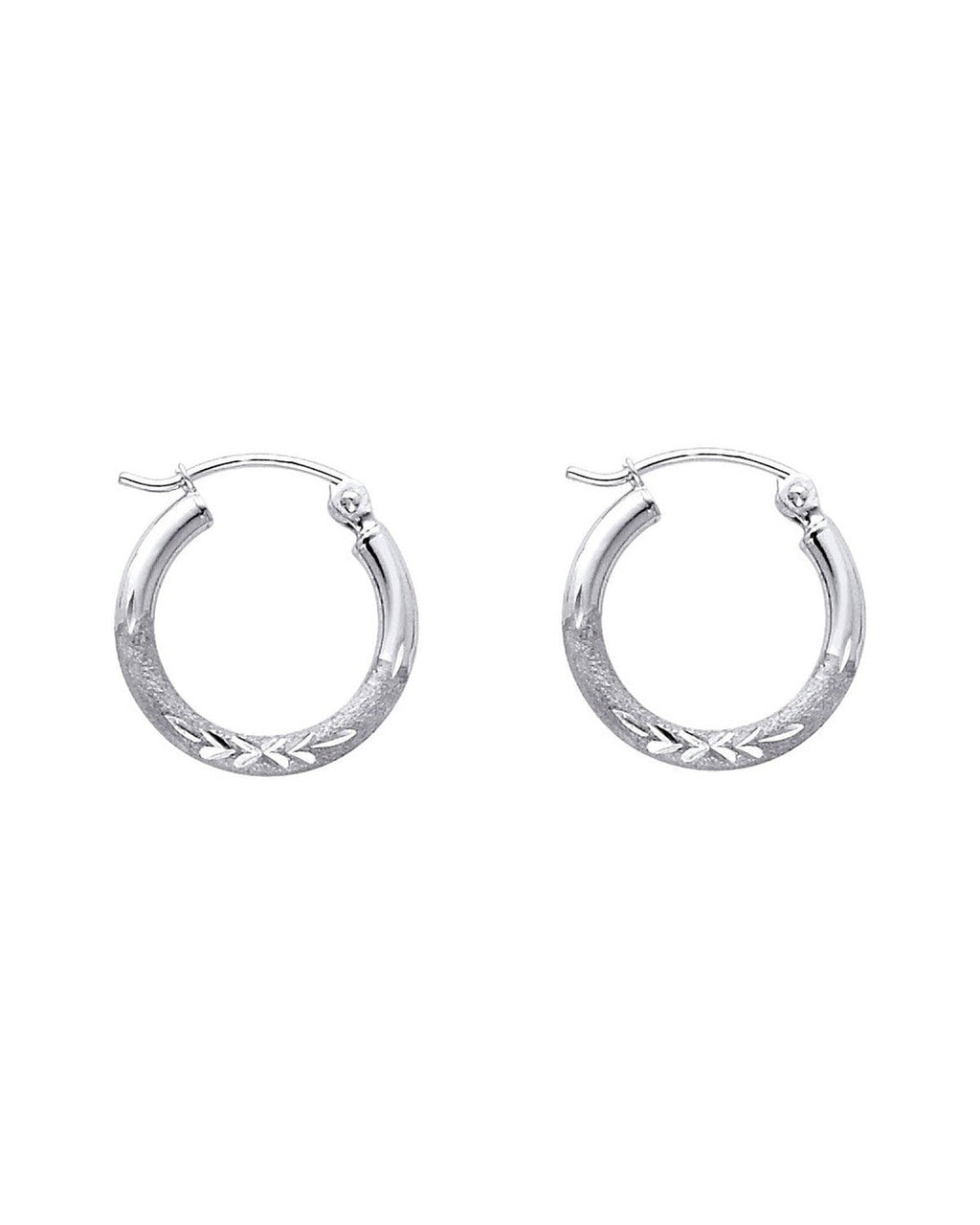 14K White Gold 2mm Budded DC Round Tube Hoop Earrings (15mm) (ER-0168W)