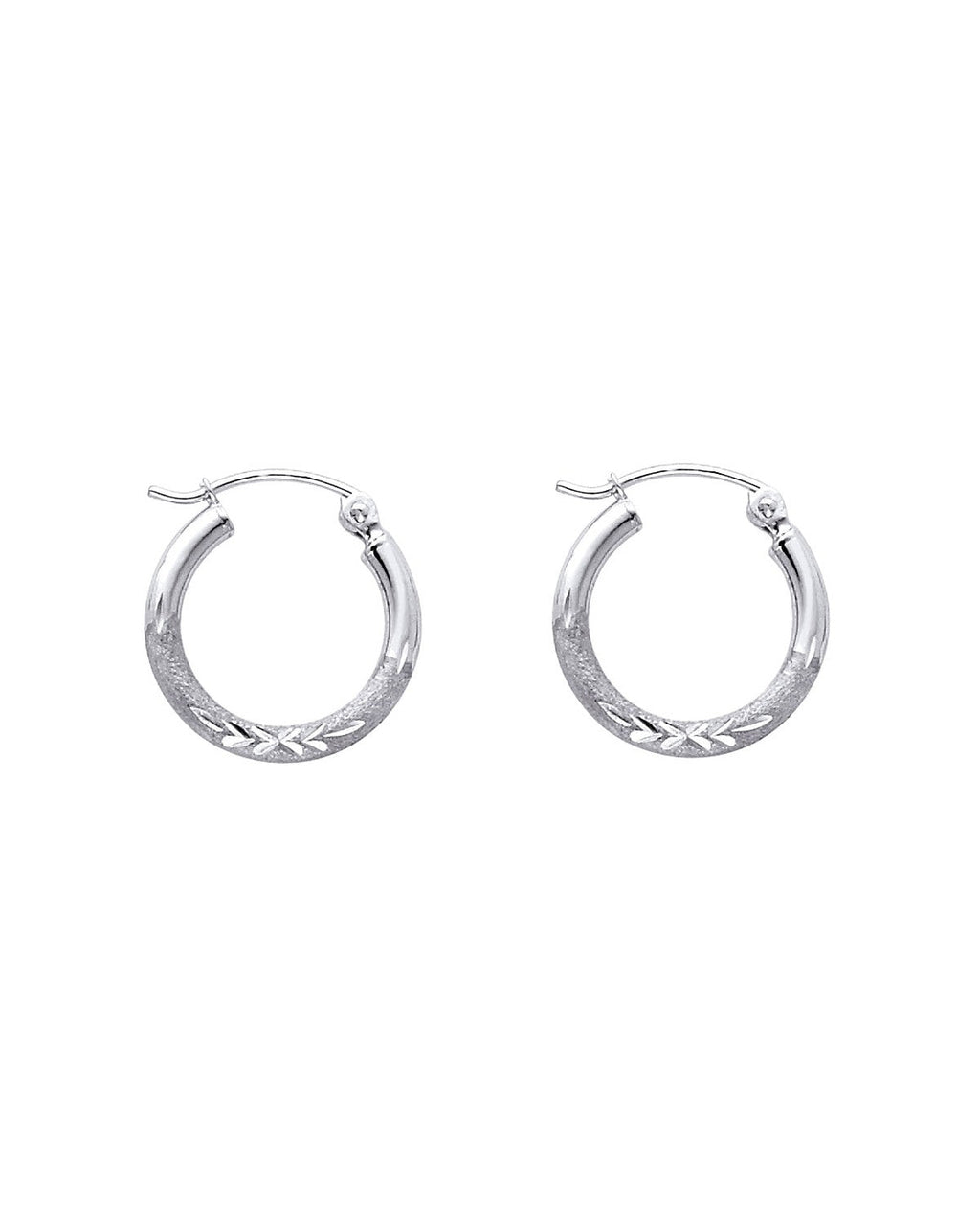 14K White Gold 2mm Budded DC Round Tube Hoop Earrings (15mm) (ER-0168W)