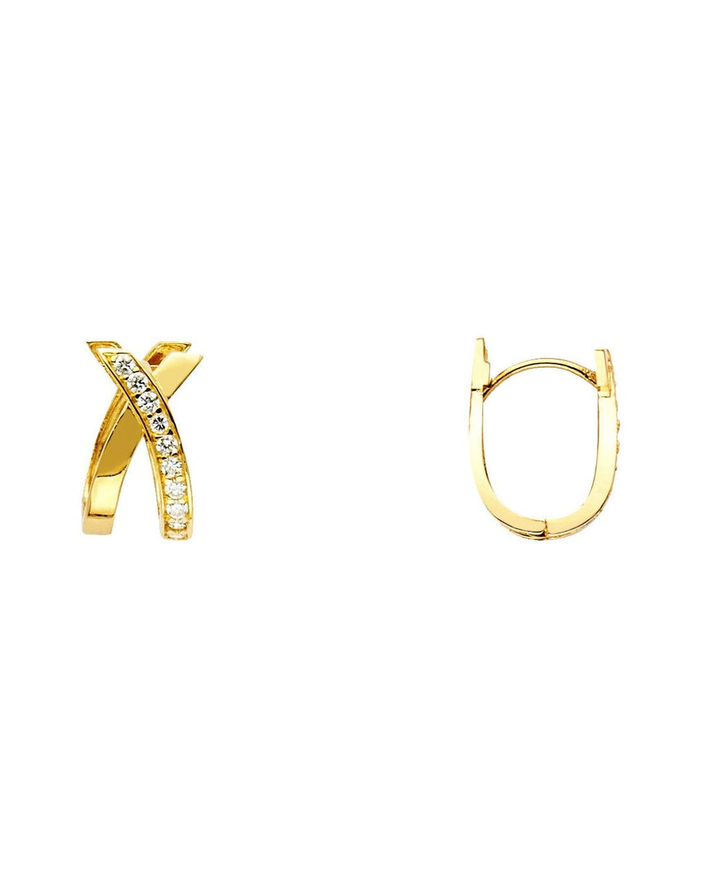 14K Yellow Gold X Design Round CZ U Shape Earrings (8 x 15mm) (ER-0216)
