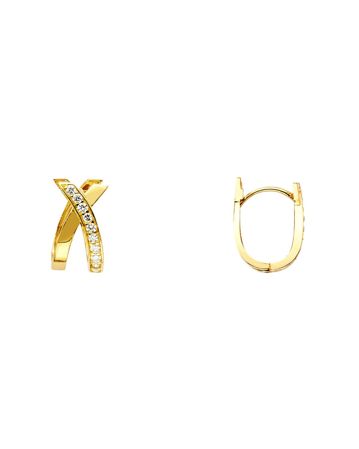 14K Yellow Gold X Design Round CZ U Shape Earrings (8 x 15mm) (ER-0216)
