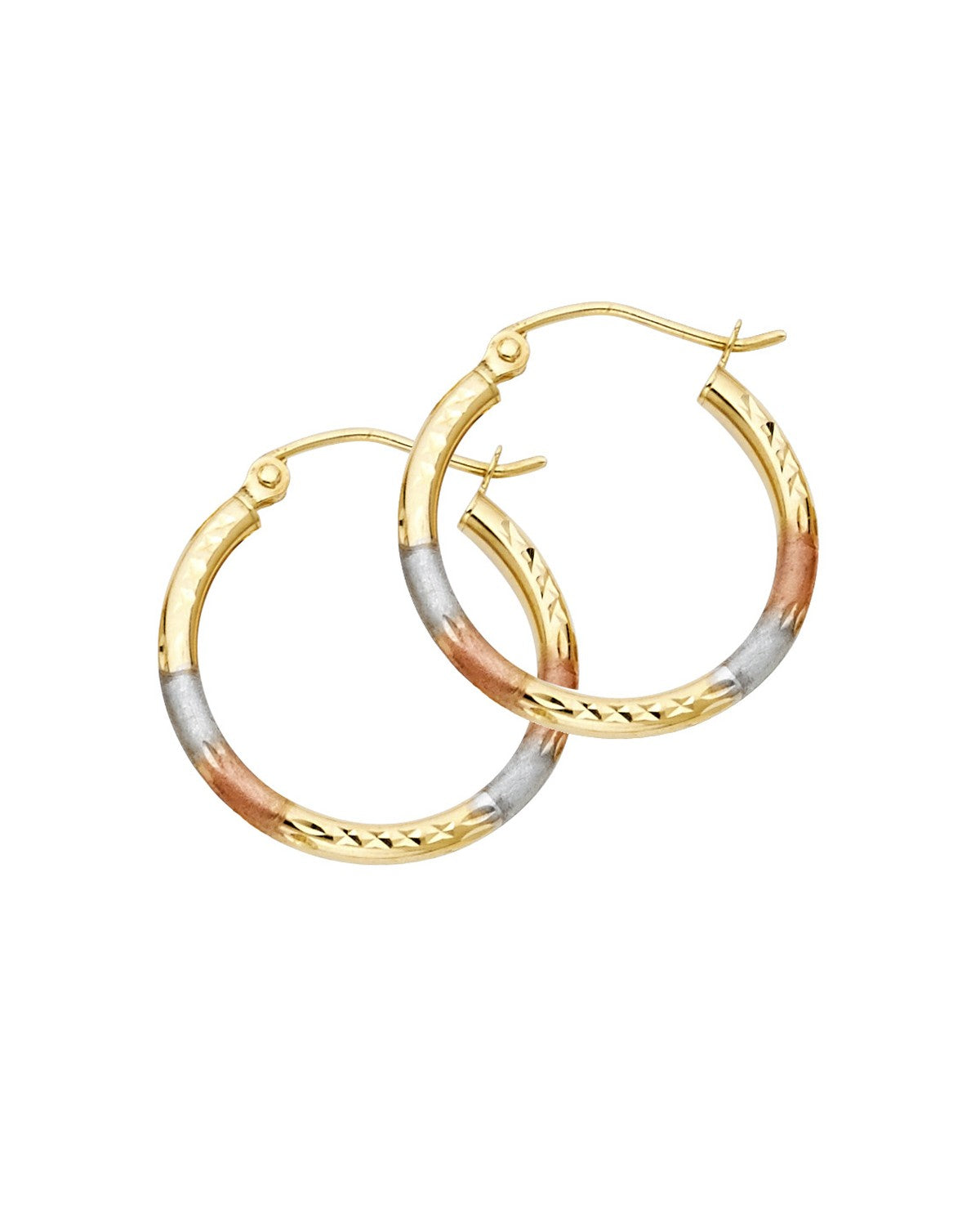 14K Tri-Color Gold 3C 2mm Round Tube DC Round Hoop Earrings (20mm) (ER-0567)