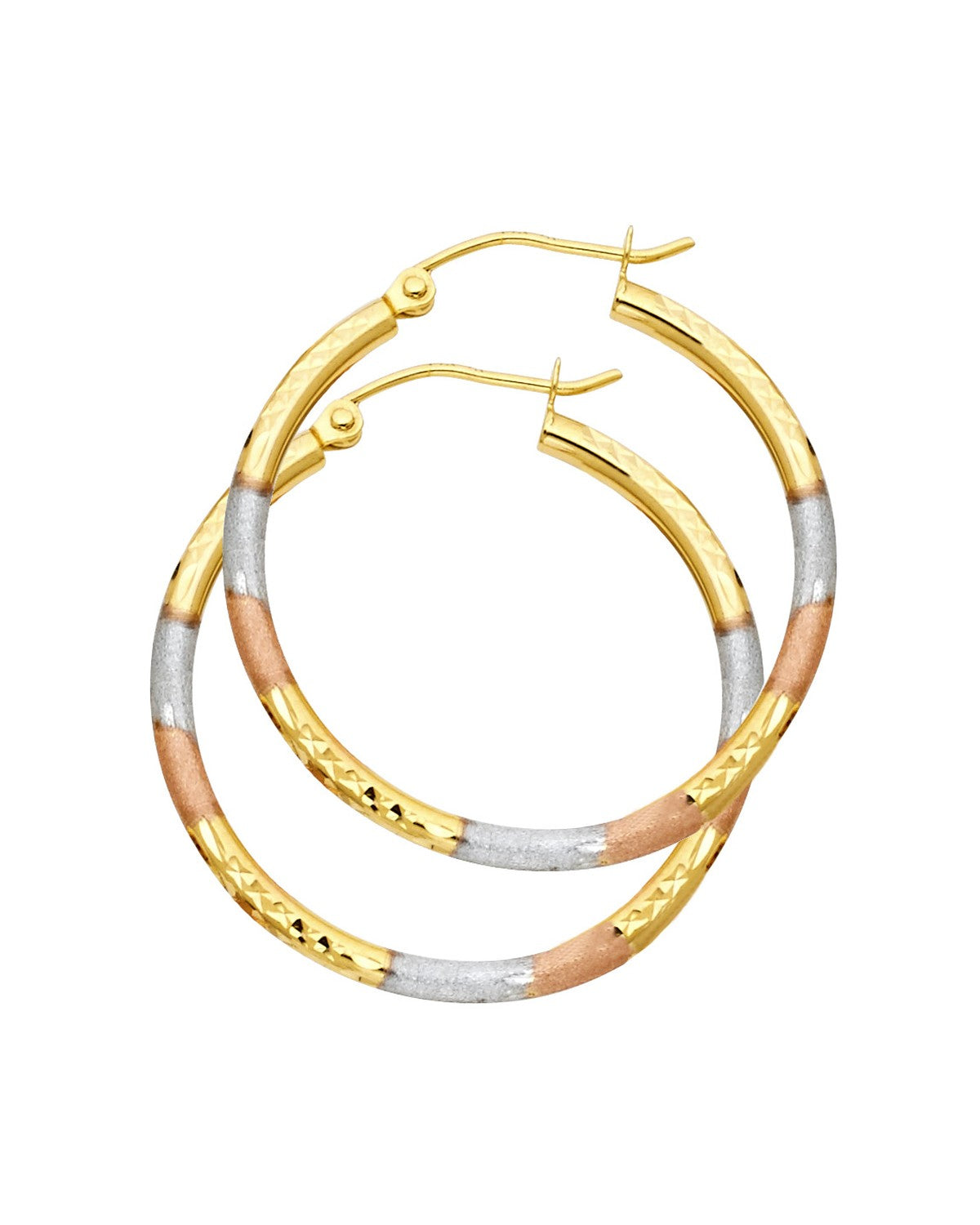 14K Tri-Color Gold 3C 2mm Round Tube DC Round Hoop Earrings (30mm) (ER-0569)