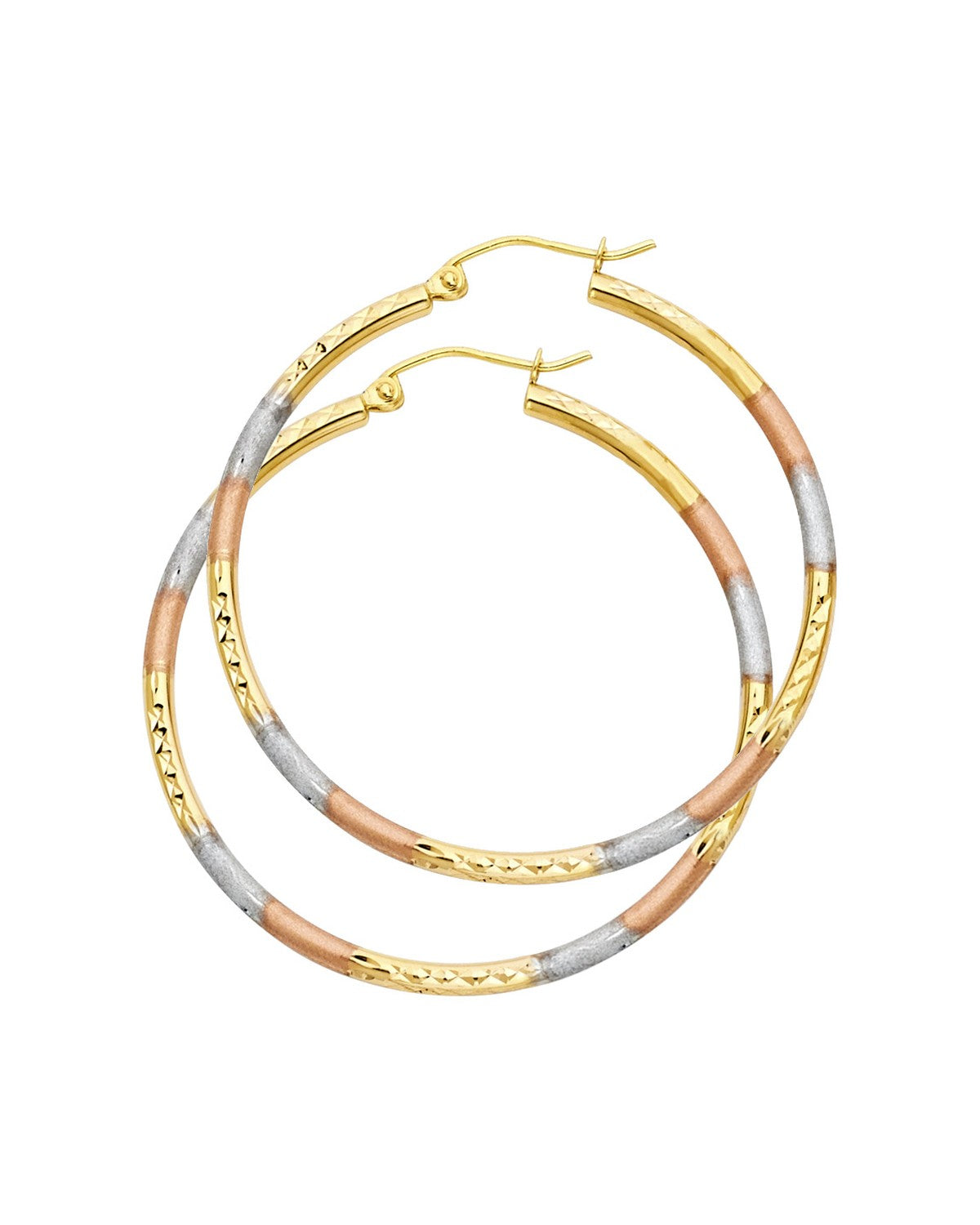 14K Tri-Color Gold 3C 2mm Round Tube DC Round Hoop Earrings (40mm) (ER-0571)