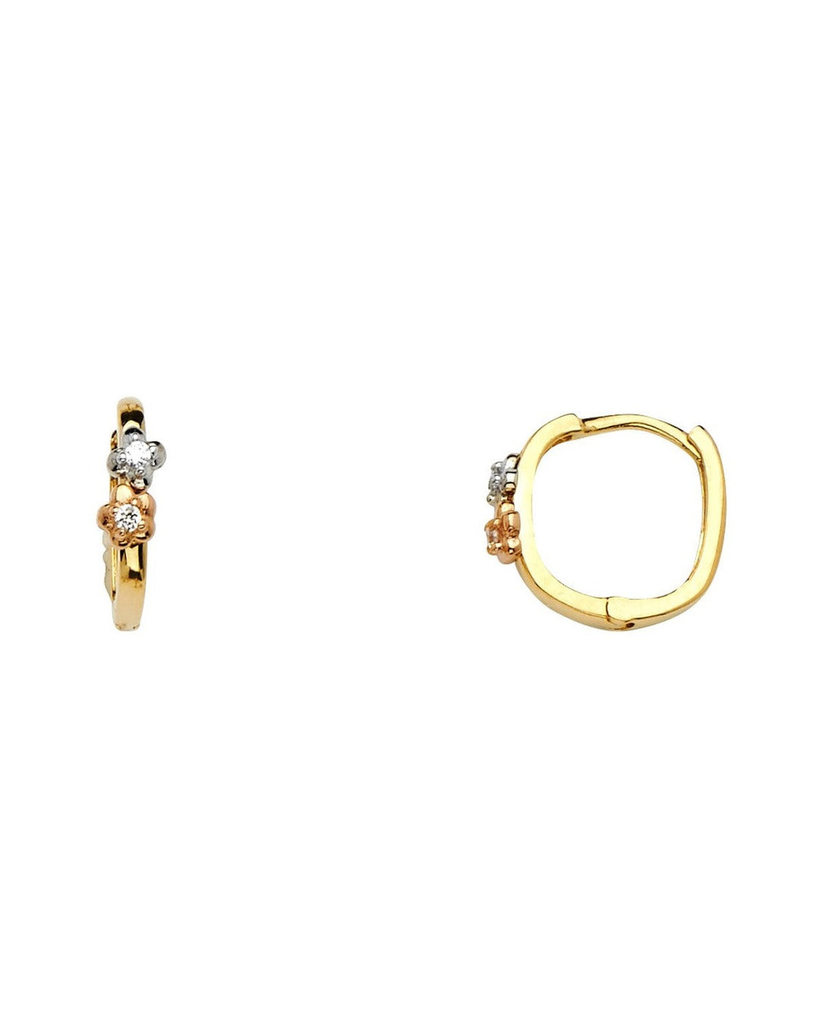 14K Tri-Color Gold 3C Flower CZ Huggies Earrings (ER-0636)