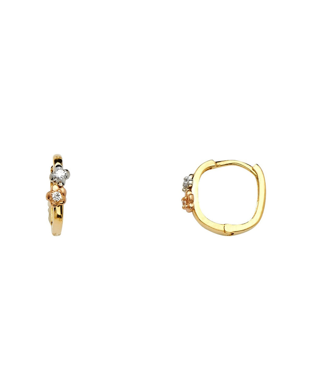 14K Tri-Color Gold 3C Flower CZ Huggies Earrings (ER-0636)