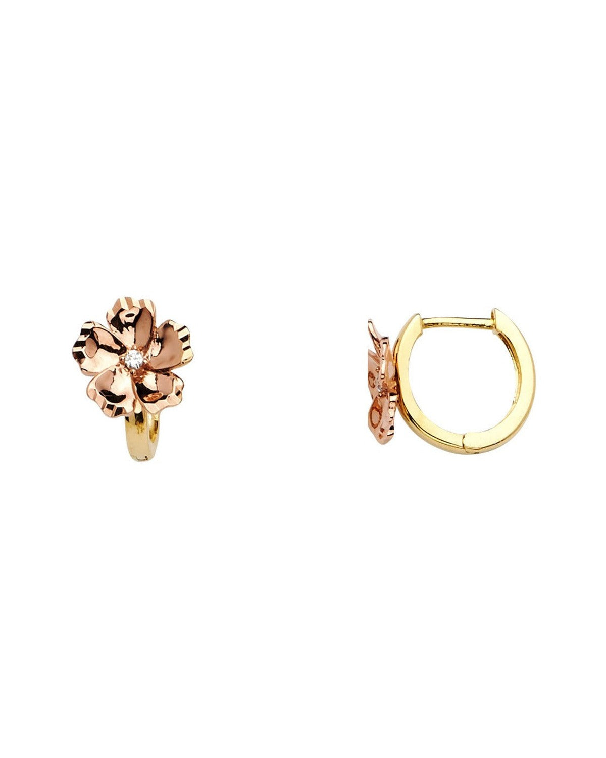 14K Two-Tone Gold 2T Flower Huggies Earrings (ER-0641)