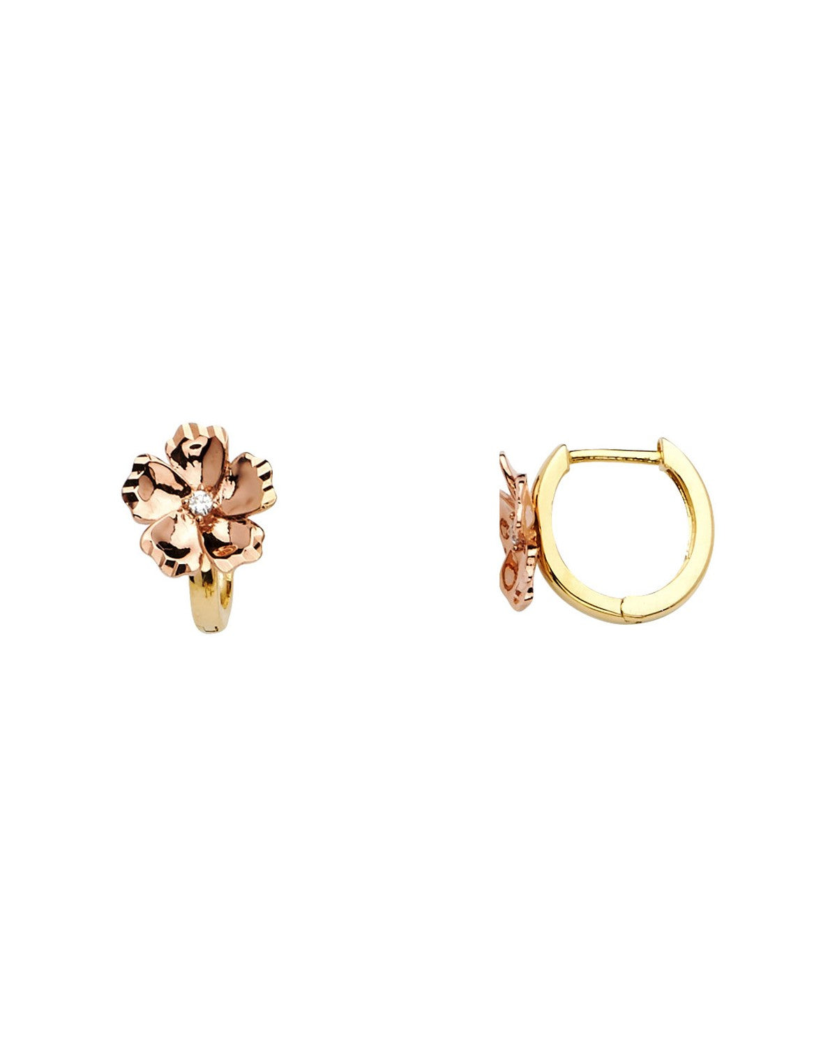 14K Two-Tone Gold 2T Flower Huggies Earrings (ER-0641)