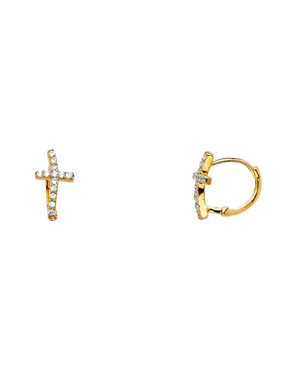 14K Two-Tone Gold 2T Curved CZ Cross Huggies Earrings (ER-0730)